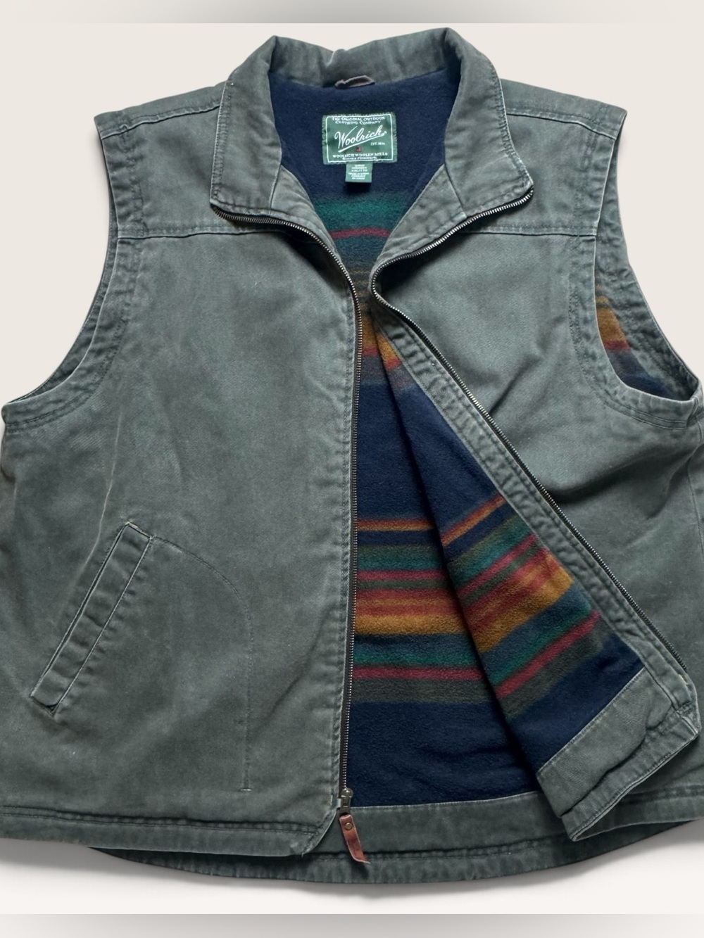 Woolrich Mens XXL Canvas Vest Gray Striped Fleece Lined Heritage Workwear